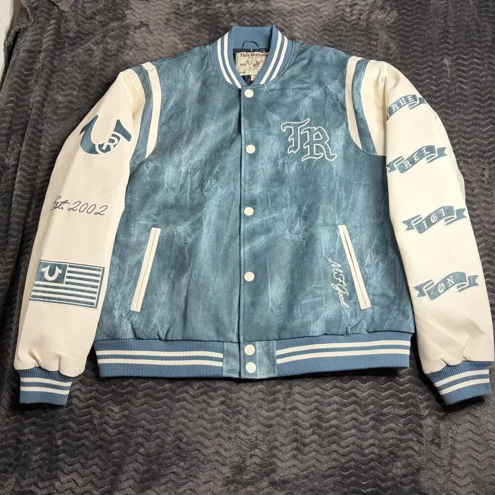 TRUE RELIGION Denim Print Varsity Jacket 109881 Cerulean Blue size 2XL New